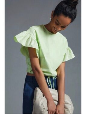 Anthro Maeve Lime Green Ruffle Sleeve Drawstring Hem Top Medium Cotton Blouse